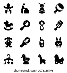 Solid vector icon set - baby vector, room, pyramid toy, beanbag, rocking horse, doll, phone, rabbit, carousel, duck, giraffe