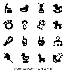 Solid vector icon set - baby room vector, duck toy, pyramid, rocking horse, beanbag, teethers, wheel, phone, rabbit, carousel, unicorn stick, giraffe, soother