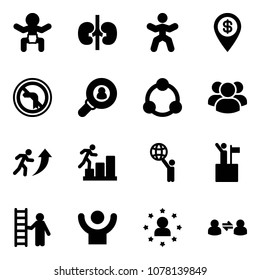 Solid vector icon set - baby vector, kidneys, gymnastics, dollar pin, no left turn road sign, head hunter, community, group, career, world, win, opportunity, success, star man, information exchange