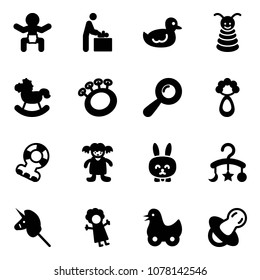 Solid vector icon set - baby vector, room, duck toy, pyramid, rocking horse, beanbag, teethers, doll, rabbit, carousel, unicorn stick, soother