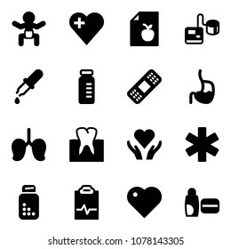Solid vector icon set - baby vector, heart, diet list, tonometer, pipette, vial, medical patch, stomach, lungs, tooth, care, ambulance star, pills bottle, pulse clipboard, uv cream