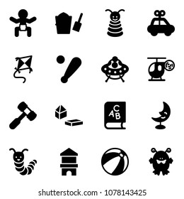 Solid vector icon set - baby vector, bucket scoop, pyramid toy, car, kite, baseball bat, ufo, helicopter, hammer, constructor blocks, abc book, moon lamp, caterpillar, block house, beach ball