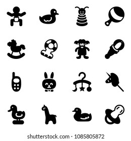 Solid vector icon set - baby vector, duck toy, pyramid, beanbag, rocking horse, teethers, doll, phone, rabbit, carousel, unicorn stick, giraffe, soother