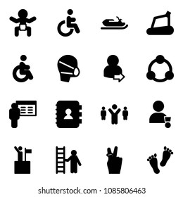 Solid Vector Icon Set - Baby Vector, Disabled, Snowmobile, Treadmill, Medical Mask, User Login, Community, Presentation, Contact Book, Team Leader, Winner, Win, Opportunity, Victory, Feet