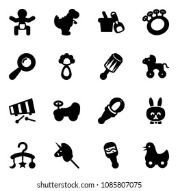 Solid vector icon set - baby vector, dinosaur toy, shovel bucket, beanbag, wheel horse, xylophone, car, rabbit, carousel, unicorn stick, duck