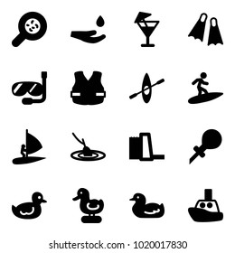 Solid vector icon set - bacteria vector, drop hand, drink, flippers, diving, life vest, kayak, surfing, windsurfing, fishing, water power plant, oiler, duck toy, boat