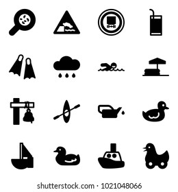 Solid vector icon set - bacteria vector, embankment road sign, no dangerous cargo, drink, flippers, rain cloud, swimming, inflatable pool, ship bell, kayak, oiler, duck toy, sailboat, boat