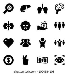 Solid vector icon set - bacteria vector, liver, lungs, brain, kidneys, virus, investment, group, heart, success, team leader, dollar, victory, money, eye scanner