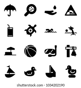 Solid vector icon set -  bacteria, drop hand, embankment road sign, drink, sea turtle, swimming, palm, inflatable pool, ball, diving, ship bell, sailboat toy, duck