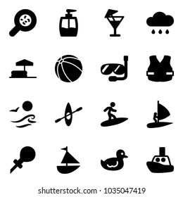 Solid vector icon set - bacteria vector, liquid soap, drink, rain cloud, inflatable pool, ball, diving, life vest, waves, kayak, surfing, windsurfing, oiler, sailboat toy, duck, boat