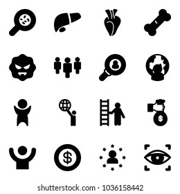 Solid vector icon set - bacteria vector, liver, heart, broken bone, virus, group, head hunter, man globe, success, world, opportunity, rich, dollar, star, eye scanner