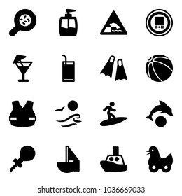 Solid vector icon set - bacteria vector, liquid soap, embankment road sign, no dangerous cargo, drink, flippers, ball, life vest, waves, surfing, dolphin, oiler, sailboat toy, boat, duck