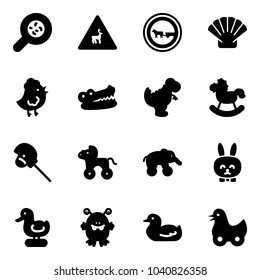 Solid vector icon set - bacteria vector, wild animals road sign, no cart horse, shell, chicken toy, crocodile, dinosaur, rocking, stick, wheel, elephant, rabbit, duck, monster