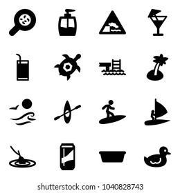 Solid vector icon set - bacteria vector, liquid soap, embankment road sign, drink, sea turtle, pool, palm, waves, kayak, surfing, windsurfing, fishing, basin, duck toy