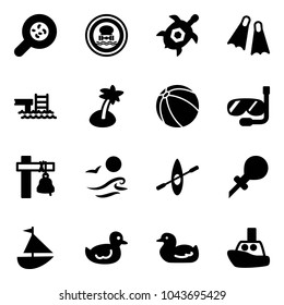 Solid vector icon set - bacteria vector, no dangerous cargo road sign, sea turtle, flippers, pool, palm, ball, diving, ship bell, waves, kayak, oiler, sailboat toy, duck, boat