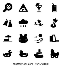 Solid vector icon set - bacteria vector, embankment road sign, drink, flippers, rain cloud, palm, inflatable pool, life vest, waves, water power plant, duck toy, boat