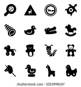 Solid vector icon set - bacteria vector, wild animals road sign, no cart horse, sea turtle, shell, duck toy, crocodile, rocking, wheel, bear, caterpillar, unicorn stick, giraffe