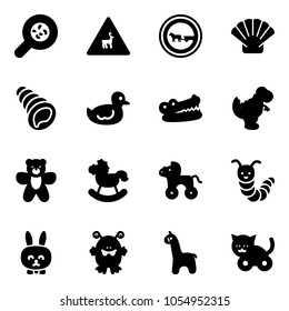 Solid vector icon set - bacteria vector, wild animals road sign, no cart horse, shell, duck toy, crocodile, dinosaur, bear, rocking, wheel, caterpillar, rabbit, monster, giraffe, cat