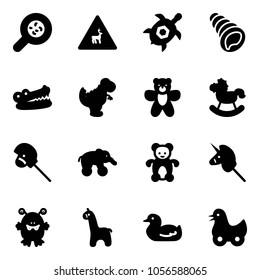 Solid vector icon set - bacteria vector, wild animals road sign, sea turtle, shell, crocodile, dinosaur toy, bear, rocking horse, stick, elephant wheel, unicorn, monster, giraffe, duck