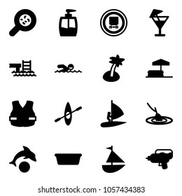 Solid vector icon set - bacteria vector, liquid soap, no dangerous cargo road sign, drink, pool, swimming, palm, inflatable, life vest, kayak, windsurfing, fishing, dolphin, basin, sailboat toy
