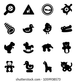 Solid vector icon set - bacteria vector, wild animals road sign, no cart horse, sea turtle, shell, duck toy, chicken, crocodile, dinosaur, rocking, elephant wheel, bear, giraffe, cat