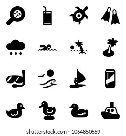Solid vector icon set - bacteria vector, drink, sea turtle, flippers, rain cloud, swimming, palm, diving, waves, windsurfing, duck toy, boat