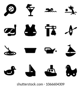 Solid vector icon set - bacteria vector, drink, swimming, palm, diving, life vest, ship bell, kayak, fishing, basin, oiler, sailboat toy, duck, boat