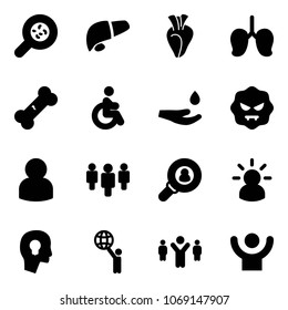 Solid vector icon set - bacteria vector, liver, heart, lungs, broken bone, disabled, drop hand, virus, user, group, head hunter, idea, bulb, world, team leader, success