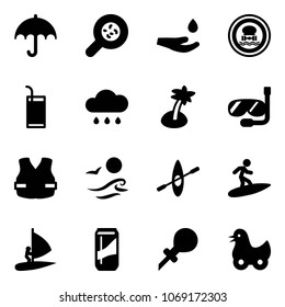 Solid vector icon set - vector, bacteria, drop hand, no dangerous cargo road sign, drink, rain cloud, palm, diving, life vest, waves, kayak, surfing, windsurfing, oiler, toy duck