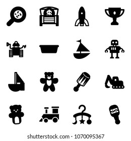 Solid vector icon set - bacteria vector, money chest, rocket, gold cup, robot, basin, sailboat toy, bear, beanbag, excavator, train, baby carousel