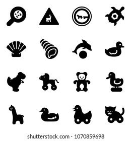 Solid vector icon set - bacteria vector, wild animals road sign, no cart horse, sea turtle, shell, dolphin, duck toy, dinosaur, wheel, bear, giraffe, cat