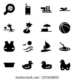 Solid vector icon set - bacteria vector, drink, pool, swimming, palm, inflatable, ball, life vest, waves, windsurfing, fishing, basin, duck toy