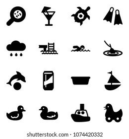 Solid vector icon set - bacteria vector, drink, sea turtle, flippers, rain cloud, pool, swimming, fishing, dolphin, basin, sailboat toy, duck, boat