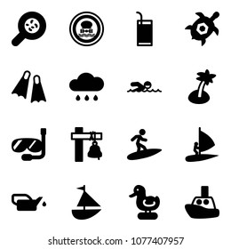 Solid vector icon set - bacteria vector, no dangerous cargo road sign, drink, sea turtle, flippers, rain cloud, swimming, palm, diving, ship bell, surfing, windsurfing, oiler, sailboat toy, duck