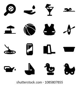 Solid vector icon set - bacteria vector, drop hand, drink, swimming, inflatable pool, ball, life vest, kayak, fishing, water power plant, basin, oiler, sailboat toy, duck