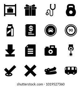 Solid vector icon set - baggage room vector, gift, stethoscope, weight, milk, annual report, no car road sign, speed limit 90, download, document, camera, laser, check, delete, crocodile, toy bus