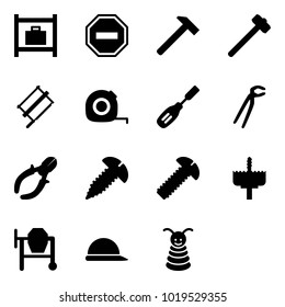 Solid vector icon set - baggage room vector, no way road sign, hammer, sledgehammer, bucksaw, measuring tape, chisel, plumber, side cutters, screw, crown drill, cocncrete mixer, construction helmet