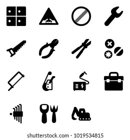 Solid vector icon set - baggage room vector, drawbridge road sign, no limit, wrench, saw, side cutters, bolt cutter, rivet, metal hacksaw, winch, welding, tool box, allen key set, shovel fork toy