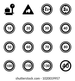 Solid vector icon set - baggage scales vector, tractor way road sign, limited width, height, speed limit 10, 20, 30, 40, 50, 60, 70, 80, 100, 110, 130, end