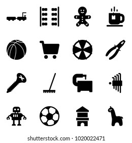 Solid vector icon set - baggage truck vector, plane seats, cake man, tea, basketball ball, cart, parasol, pliers, screw, rake, machine tool, allen key set, robot, soccer, toy block house, giraffe