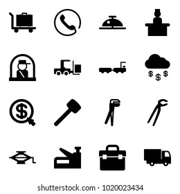Solid vector icon set - baggage vector, phone, client bell, recieptionist, officer window, fork loader, truck, money rain, click, rubber hammer, plumber, jack, stapler, tool box, toy