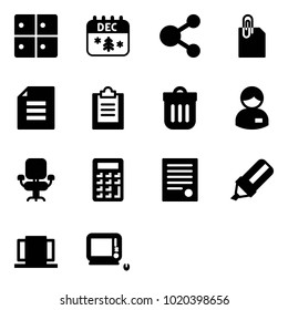 Solid vector icon set - baggage room vector, christmas calendar, share, attachment, document, clipboard, trash bin, manager, office chair, calculator, agreement, highlight marker, doors