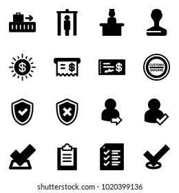 Solid vector icon set - baggage vector, metal detector gate, recieptionist, stamp, dollar sun, receipt, check, customs road sign, shield, cross, user login, clipboard, list