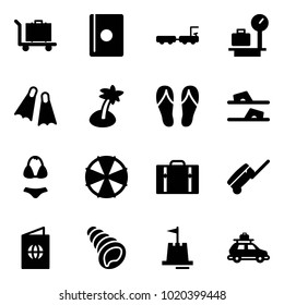 Solid vector icon set - baggage vector, passport, truck, scales, flippers, palm, flip flops, swimsuit, parasol, suitcase, shell, sand castle, car