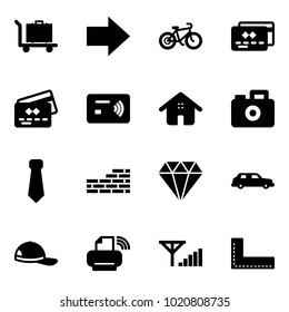 Solid vector icon set - baggage vector, right arrow, bike, credit card, tap pay, home, camera, tie, brick wall, diamond, limousine, cap, printer wireless, fine signal, corner ruler