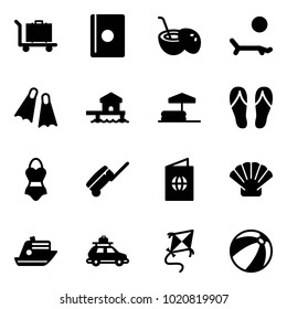 Solid vector icon set - baggage vector, passport, coconut cocktail, lounger, flippers, bungalow, inflatable pool, flip flops, swimsuit, suitcase, shell, cruiser, car, kite, beach ball