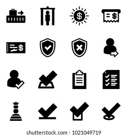 Solid vector icon set - baggage vector, metal detector gate, dollar sun, receipt, check, shield, cross, user login, clipboard, list, chess queen