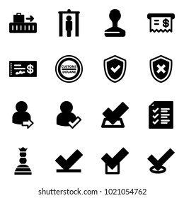 Solid vector icon set - baggage vector, metal detector gate, stamp, receipt, check, customs road sign, shield, cross, user login, list, chess queen