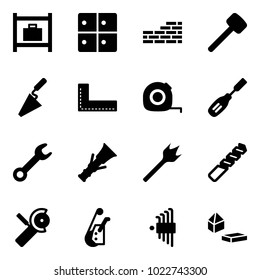 Solid vector icon set - baggage room vector, brick wall, rubber hammer, trowel, corner ruler, measuring tape, chisel, wrench, dowel, wood drill, Angular grinder, winch, allen key set