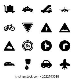 Solid vector icon set - baggage vector, safety car, trap truck, plane, bike, giving way road sign, intersection, rough, for moto, limited height, only forward right, limousine, piston, toy
